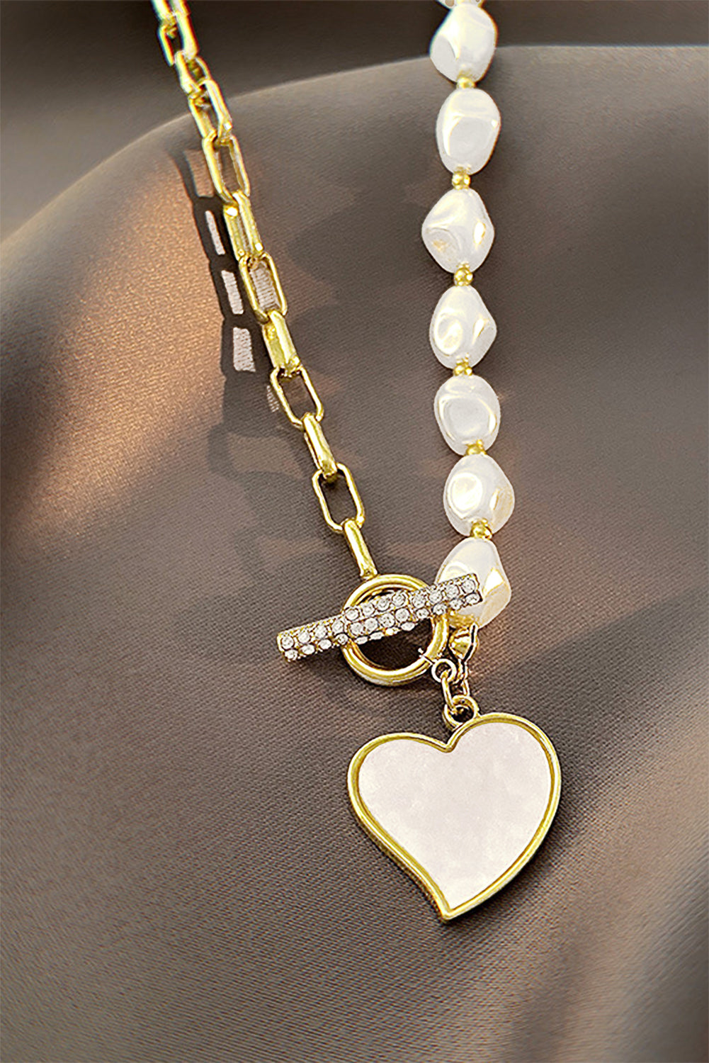 Gold Heart Shape Pendant Rhinestone Pearl Chain Necklace