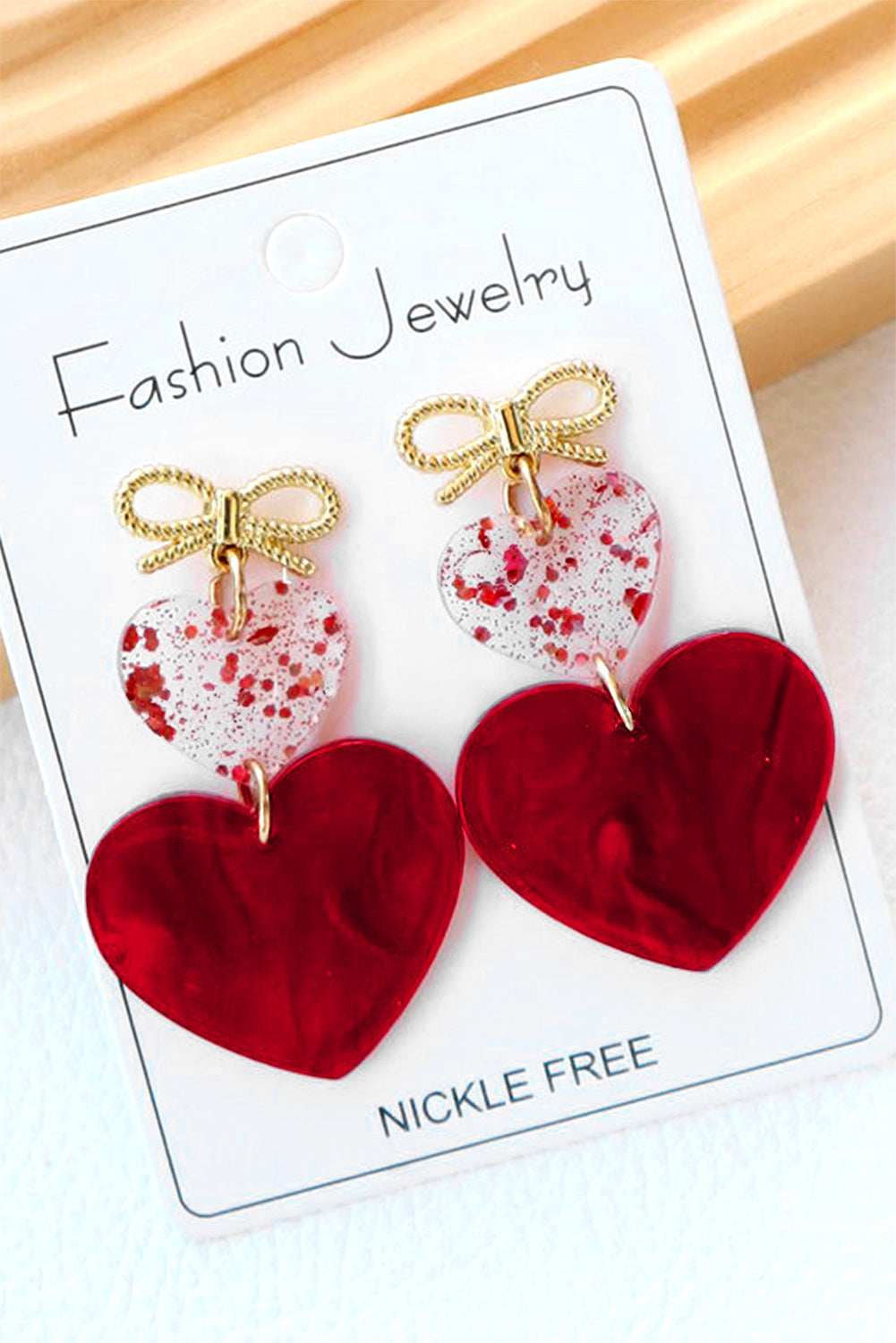 Fiery Red Heart Bowknot Valentines Earrings