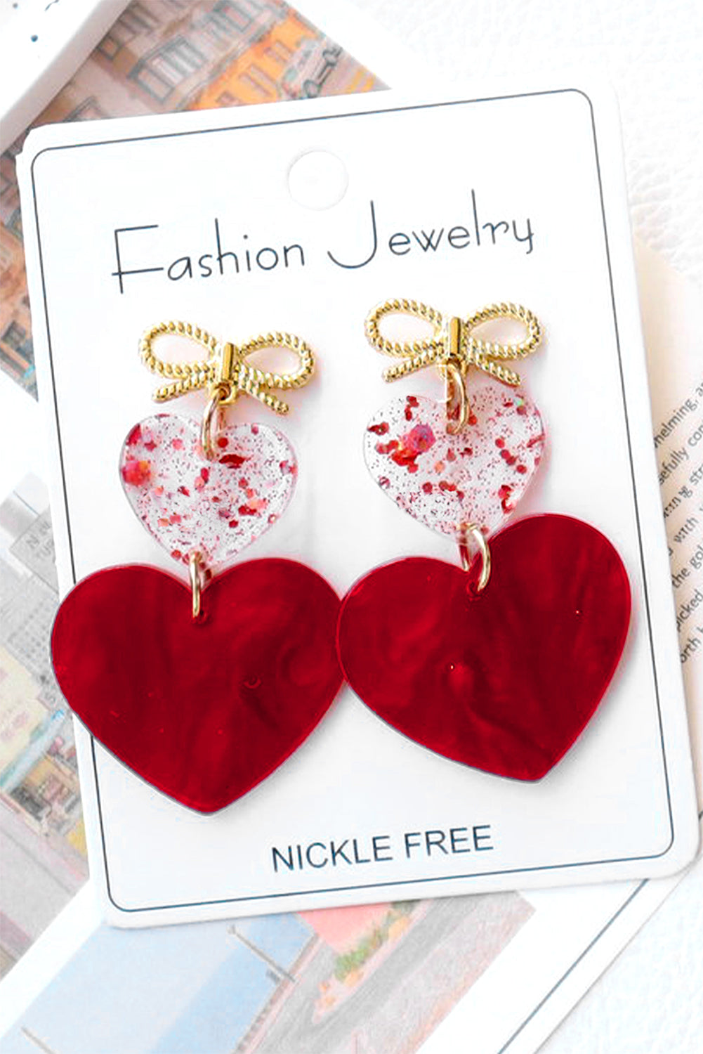 Fiery Red Heart Bowknot Valentines Earrings