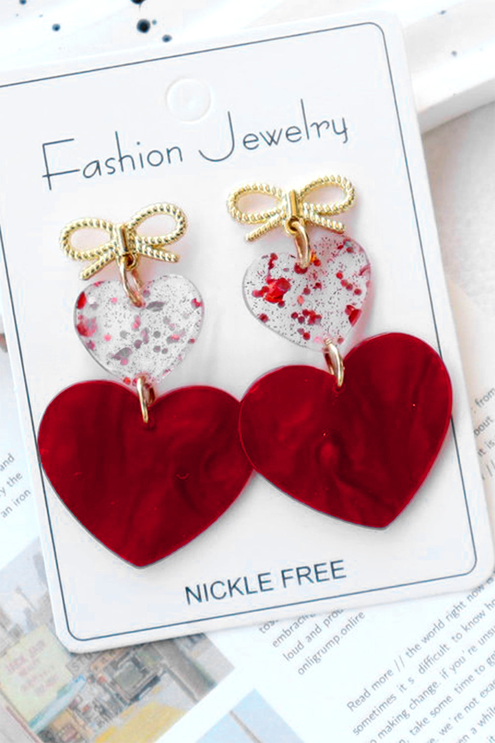 Fiery Red Heart Bowknot Valentines Earrings