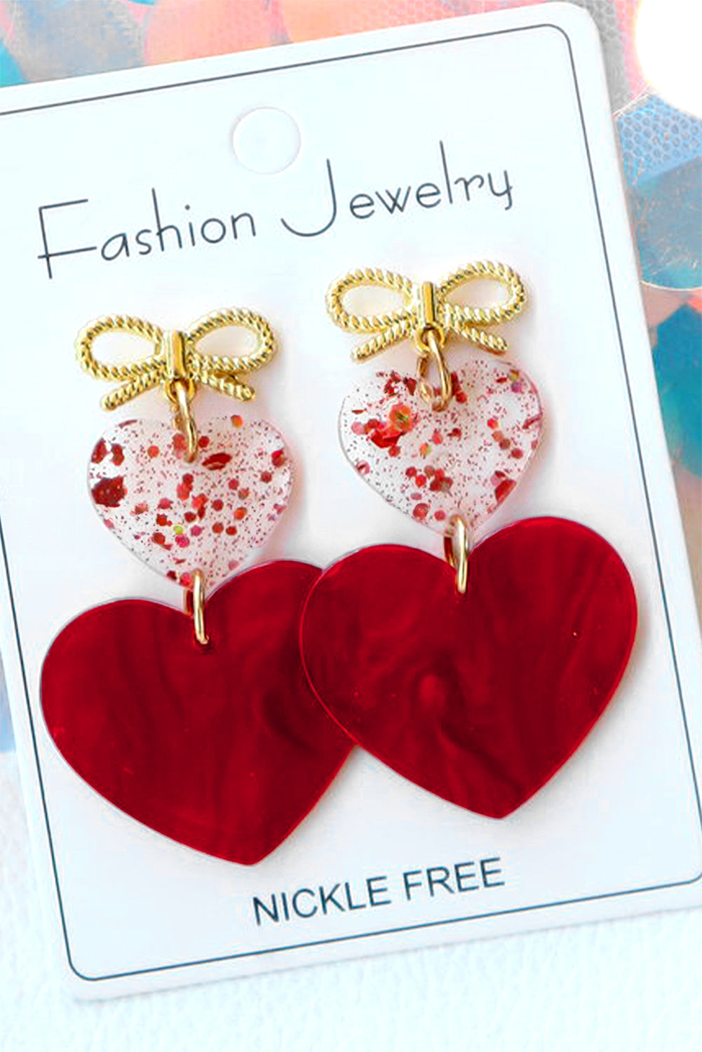 Fiery Red Heart Bowknot Valentines Earrings