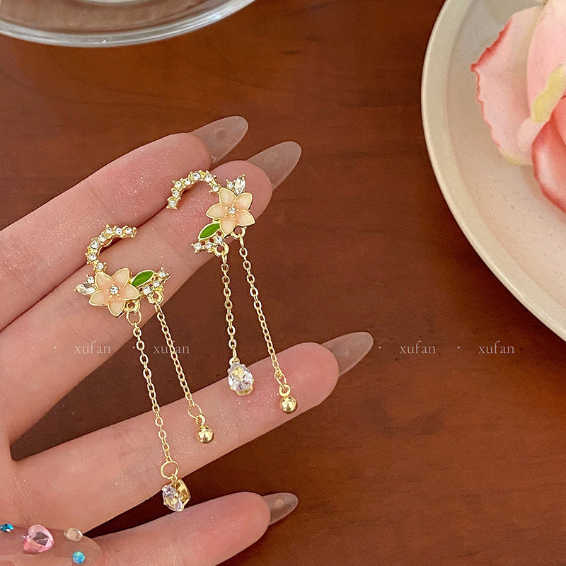 Cherry Blossom Girl Heart Asymmetry Super Fairy Slimming Sweet Earrings