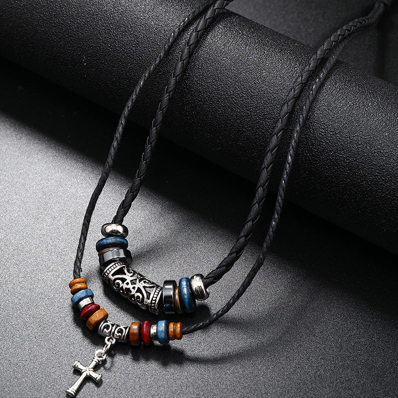 Creative Beaded Multi-layer Alloy Cross Leather Necklace