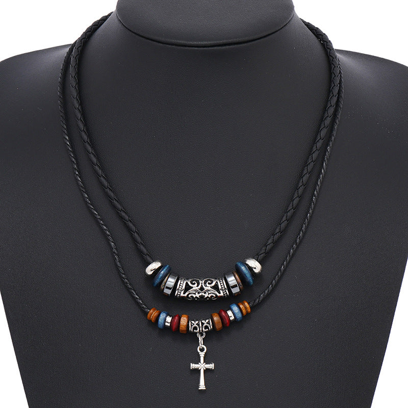 Creative Beaded Multi-layer Alloy Cross Leather Necklace