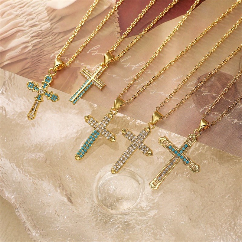 Micro-inlaid Turquoise Cross Necklace Clavicle Chain