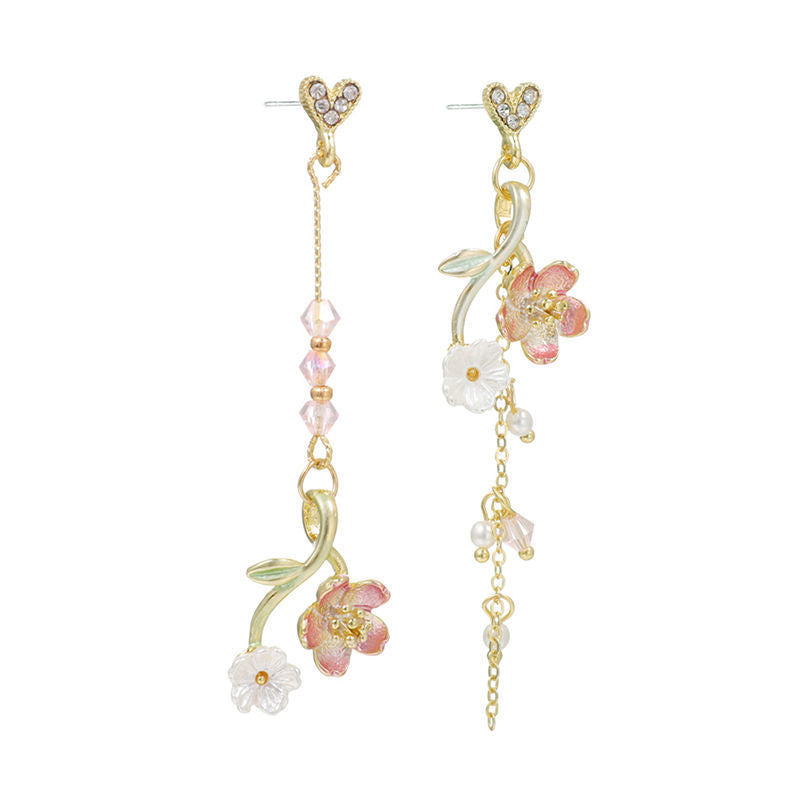 Cherry Blossom Girl Heart Asymmetry Super Fairy Slimming Sweet Earrings