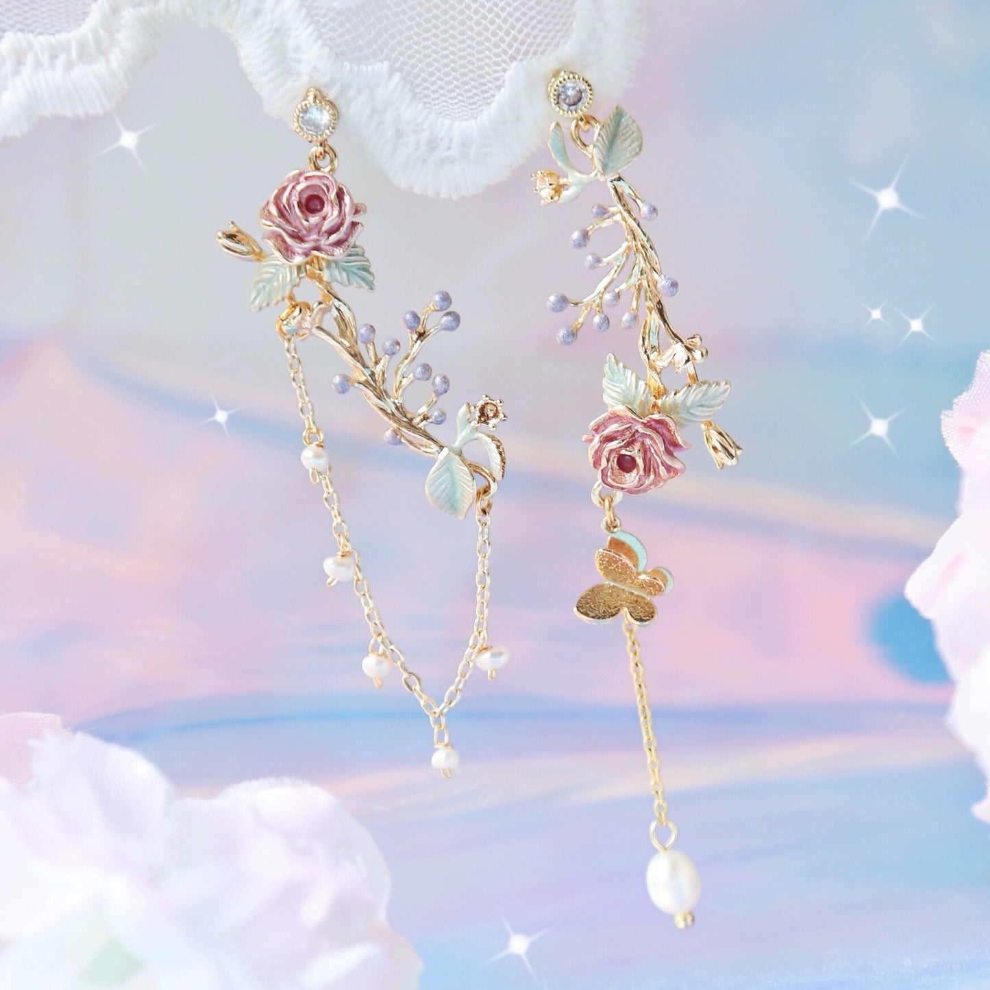 Cherry Blossom Girl Heart Asymmetry Super Fairy Slimming Sweet Earrings