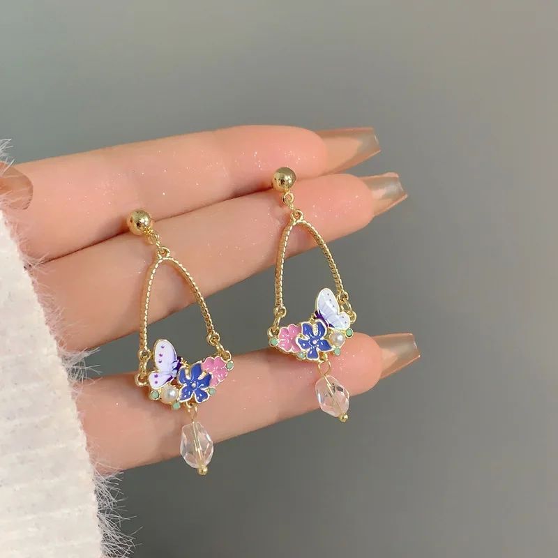 Lindos pendientes de botón con forma de mariposa y flores para mujer Exquisitos