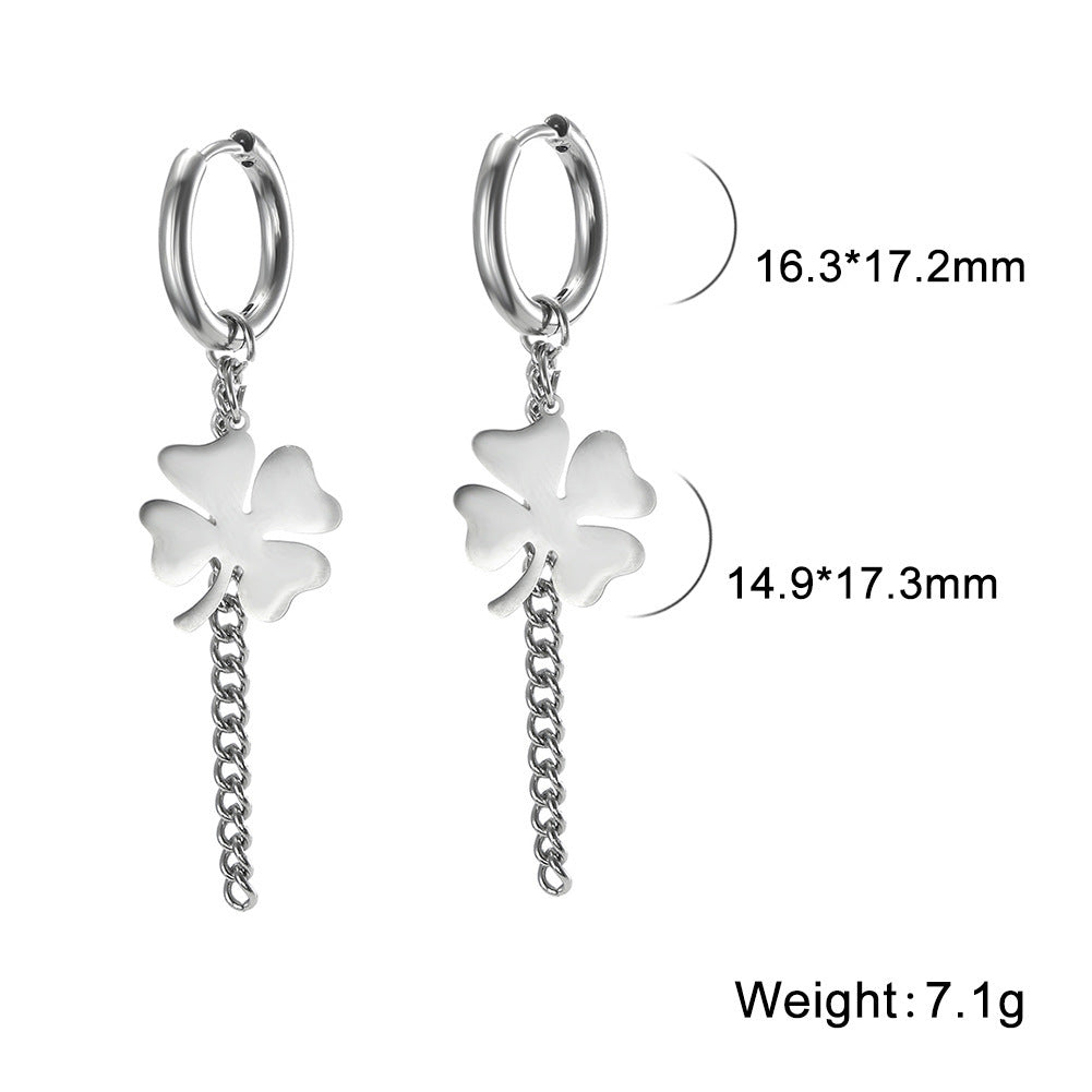 Pendientes colgantes de acero inoxidable para mujer con cadena de trébol de cuatro hojas brillante y corte de personalidad simple de acero de titanio